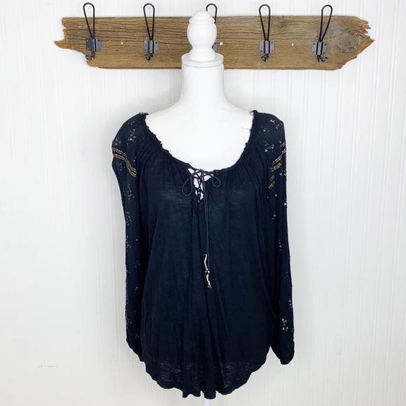 Free People Black Gold Nugget Peasant Top - Picture 3 of 11